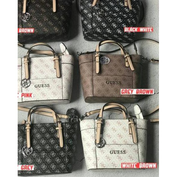 X4O Tas Guess Wanita Charcoal Delaney Logo Mini Tote Crossbody Bag .