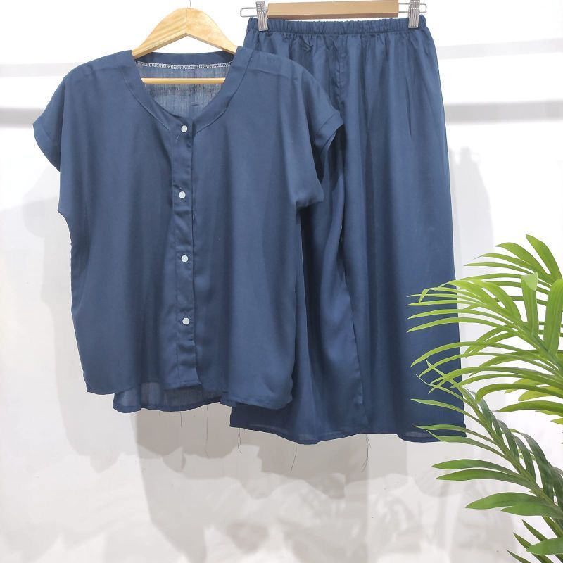 SETELAN POLOS KANCING 7/8 SETELAN BUSUI | HOMEWEAR BUSUI | PIYAMA RAYON | PIYAMA KANCING |  RAYON TWELL-7/8 NK NAVY