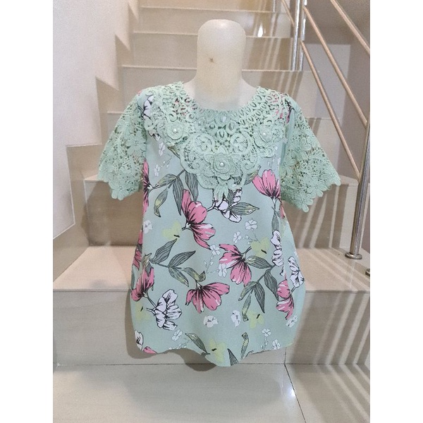 Blouse Brukat Bunga Renda Combi Brukat Impor XL-2XL-196 - Mint Ld 104