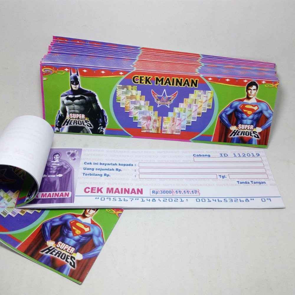 

cek kwitansi uang kertas mainan motif anak laki laki
