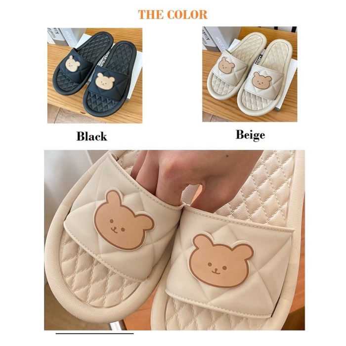 S20 Sandal Slop Karet Wanita Empuk  Motif Beruang Lucu Sendal Selop Rumah Hotel Women Home Sandals Elastis Cewek Perempuan Murah Miniso Dapur Kamar Mandi Import Korea Karakter Bear Premium Eva Tebal Hitam Sepatu Pria Cowok Laki Laki Jepit Anti Slip Keren-2