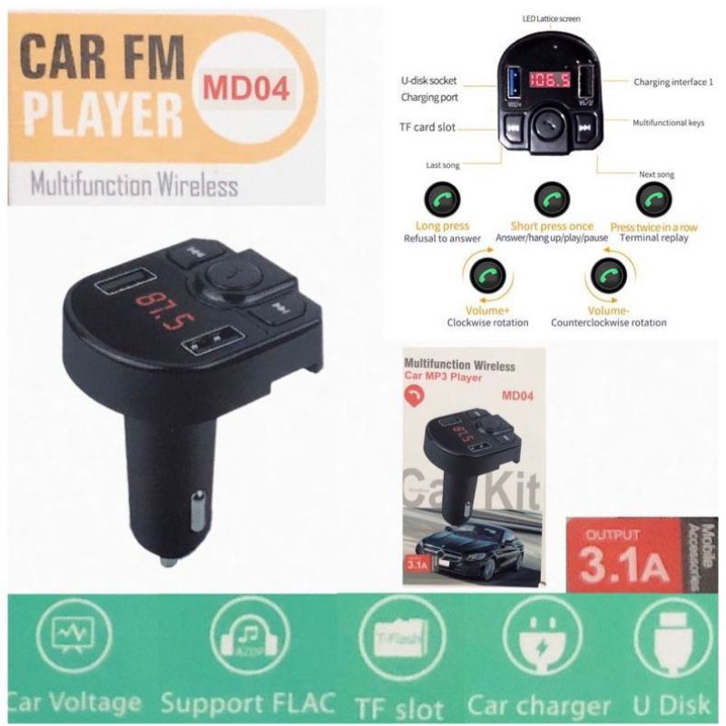 Car Charger Bluetooth MP3 Player FM Transmitter Modulator Wireless  MD04