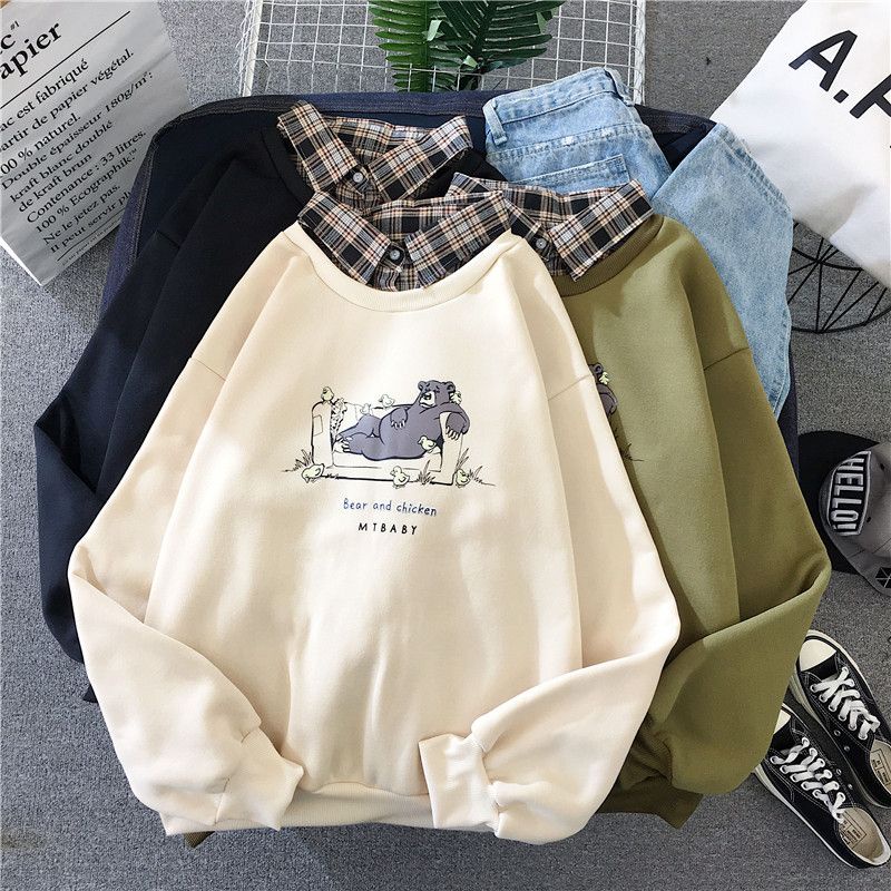 [littlecrab] Atasan Lengan Panjang Berkerah Fake Collar Shirt Motif Bear and Chicken Kaos Lengan Panjang Beruang Ayam Lucu Berkualitas Kaos Polo Lengan Panjang Sweater Berkerah Atasan Kuliah Kerja Korean Style