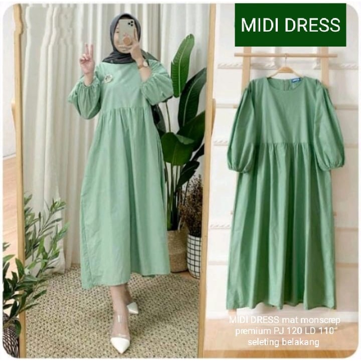 midi dress sleting belakang bellacrepe jumbo kerut depan polos viral