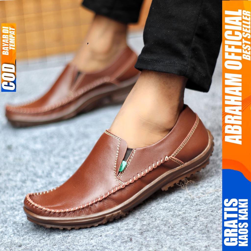 Sepatu Casual Pria Formal Slip On Pantofel Kulit Asli Kerja Kantor Kondangan Kuliah Hitam Fashion Shoes Terbaru Murah Kekinian Original RODAS ABRAHAM