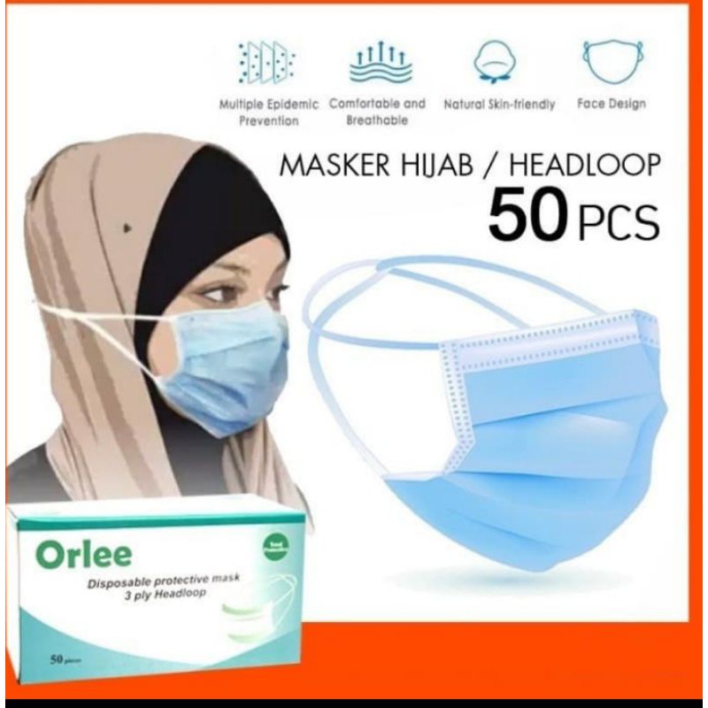 Masker Headloop Hijab 3 Ply Kemenkes ORLEE isi 50 pcs