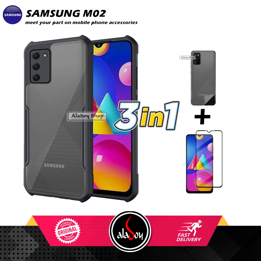 Case SAMSUNG M02S Armor Fushion Transparent Casing + Tempered Glass Full Layar dan Skin Carbon