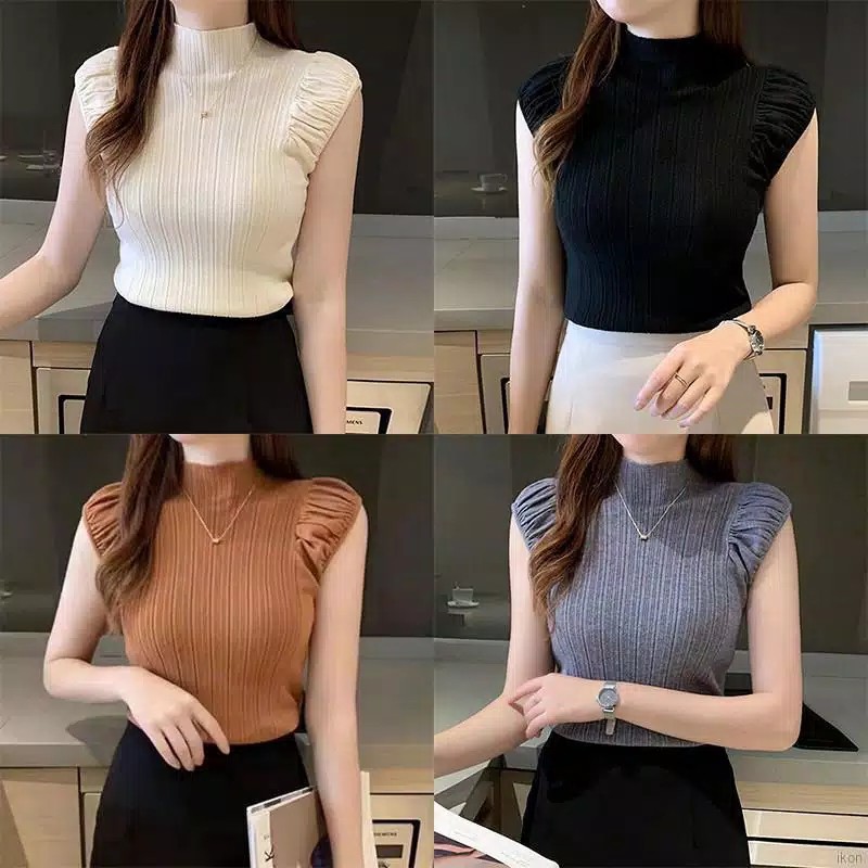 blouse rajut wanita casual tanpa lengan model turtleneck