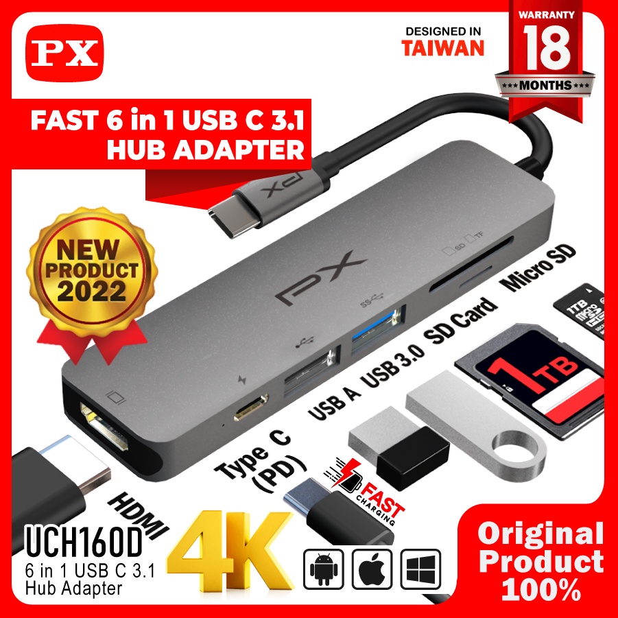 type c 3 1 to hdmi hub converter usb 3 0 micro sd 6 in 1 px uch160d