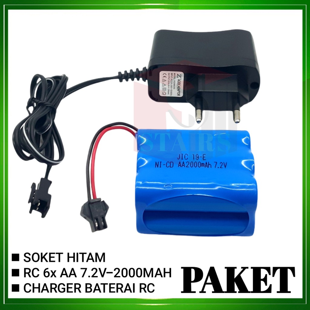 Casan Baterai RC + Baterai Mobil Remot 6x AA Ni-Cd 7.2V - 2000mAh Socket Hitam Model Tumpuk