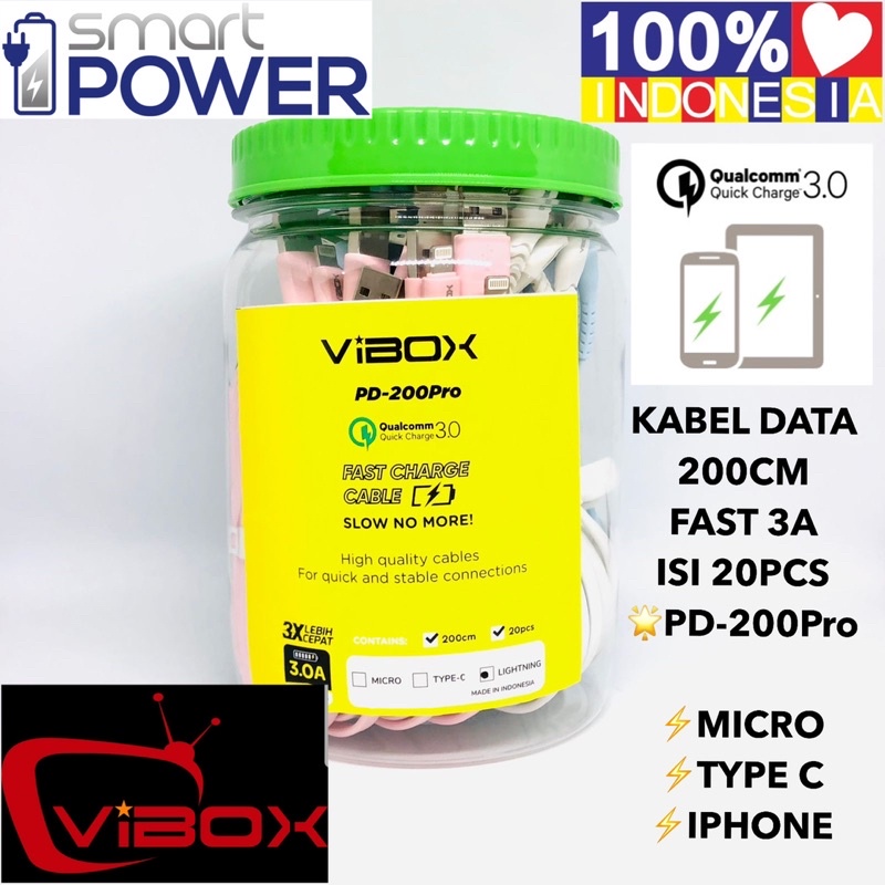 PROMO PERTOPLES ISI 20PCS KABEL DATA VIBOX 2 METER 3A MICRO/TYPE C/LIGHTING FAST CHARGING FC PROMO