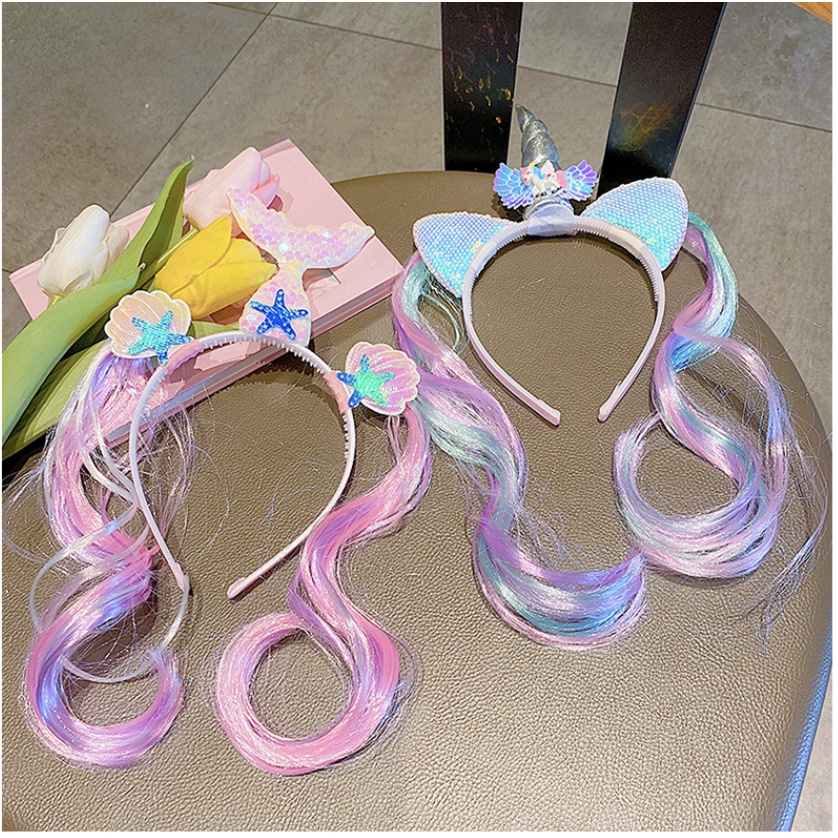 babyfit bando kepang LED anak perempuan bando lampu dengan rambut ekstension mermaid unicorn pn-930