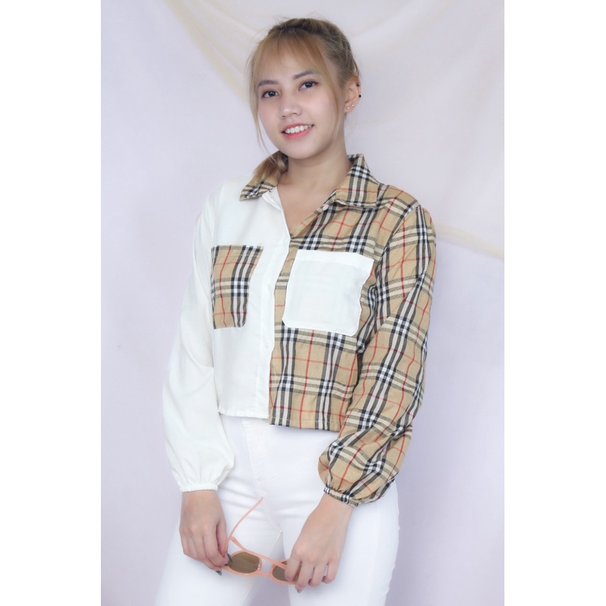 RX Fashion - Mika Crop Top Blouse // Shirt Top Tartan Two Tone // Kemeja Olive ( SPECIAL SALE - GRATIS ONGKIR )  - GA-PUTIH- BB 150 COKSU