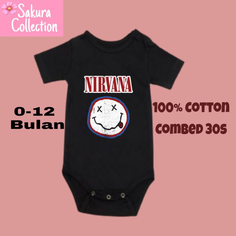 Kaos baju bayi jumper baby kids pendek band NIRVANA punk rock metal logo tulisan usia 0 1 2 3 4 5 6 7 8 9 10 11 12 bulan sampai umur 1 tahun adem jumpsuit babysuit romper bodysuit little anak kecil hitam style laki laki perempuan unisex nyaman lembut