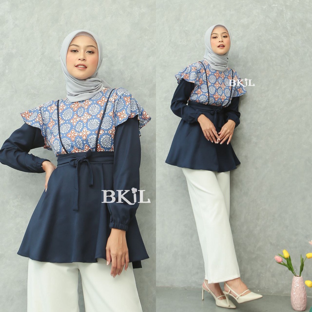 tey-17 Batik wanita ASJ SA HRB026 Kenongo Kemeja Tosca Pendek-SABRINA NAVY