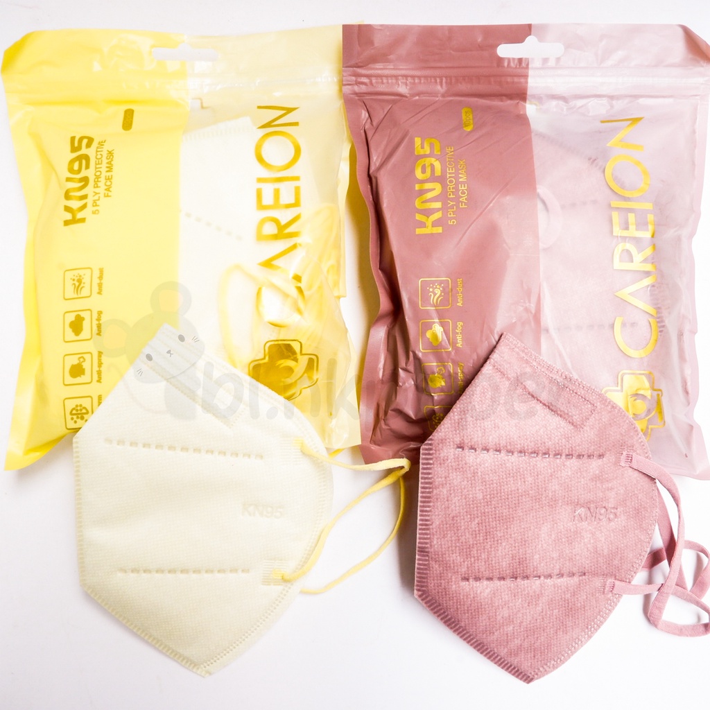 MASKER KN95 CAREION WARNA ORIGINAL 1 PACK ISI 10 PCS TALI SENADA EARLOOP 5 PLY SHRIMP PINK YELLOW
