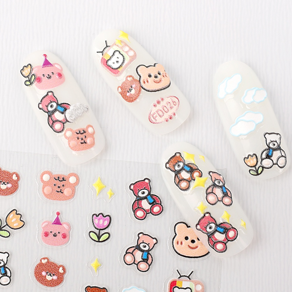 Stiker Kuku 3D Motif Beruang Timbul 5D Untuk Nail Art