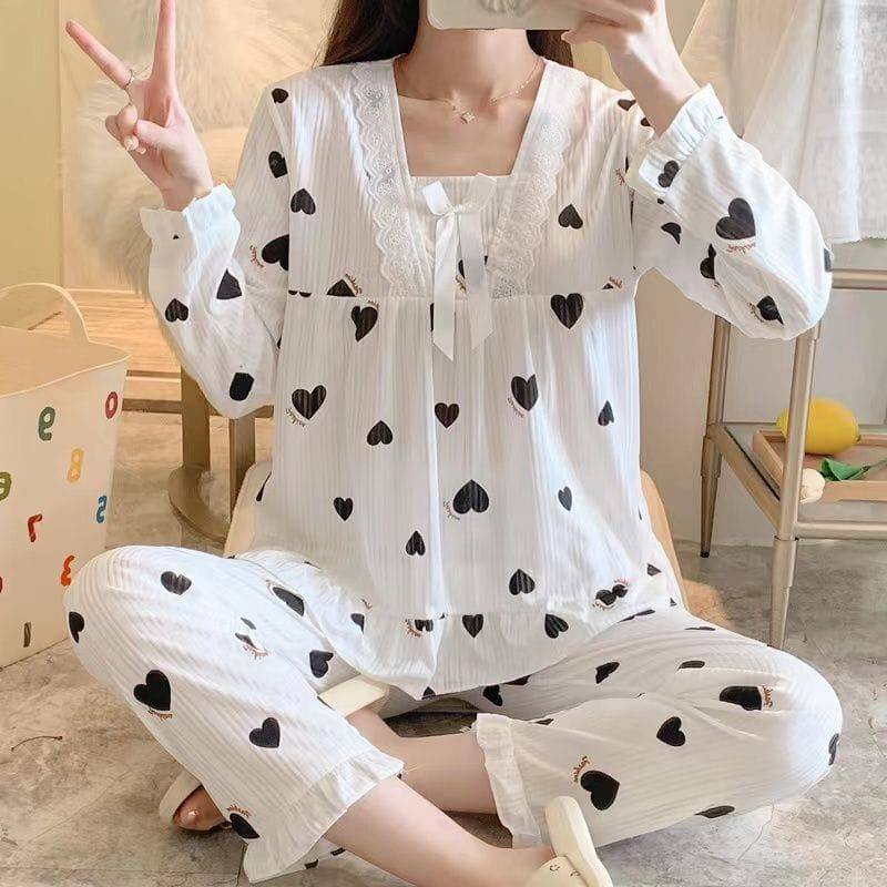 Stelan Piyama PP Wanita Import New Model Import High Quality PPP-RPP PUTIH LOVE HTM