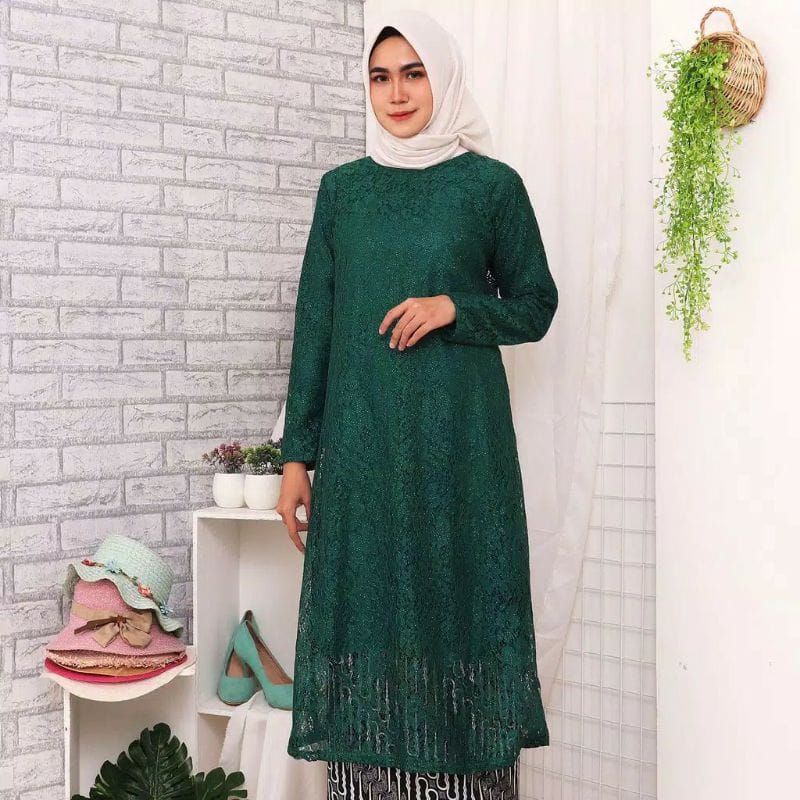 IndahKebaya | ATASAN KEBAYA TUNIK BROKAT KURUNG MODERN / BAJU KURUNG JUMBO WANITA MUSLIMAH / PAKAIAN DRESS BUAT KONDANGAN ACARA PESTA PERNIKAHAN / WARNA HITAM PUTIH NAVY MAROON DUSTY HIJAU SILVER