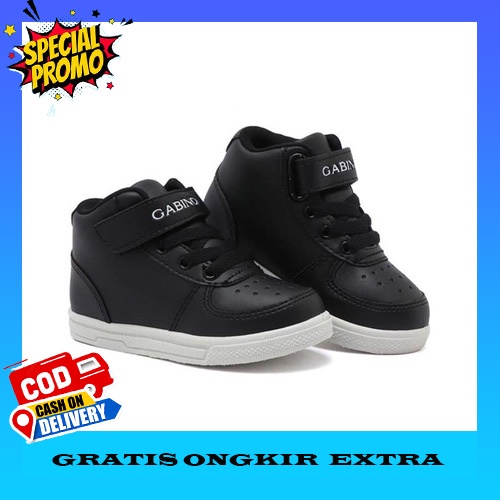 Sepatu Sneaker Sekolah Anak Laki Laki Perempuan Cowok Cewek Tanggung Warna Hitam Rekat Velcro Umur U