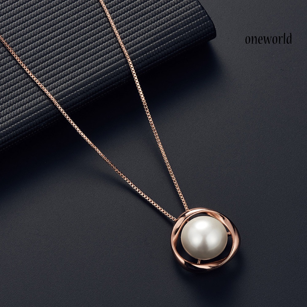 OW@ Women Faux Pearl Round Pendant Necklace Stud Earrings Wedding Party Jewelry Set