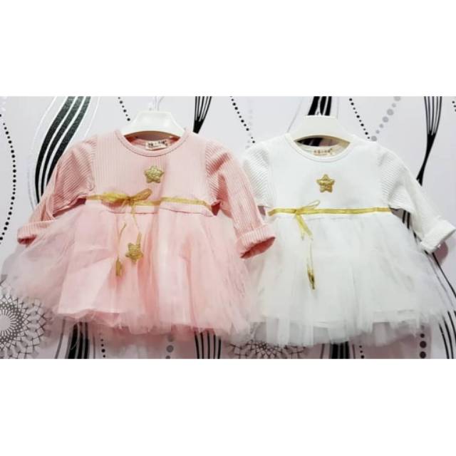 Dress tutu anak bayi import / star tutu dress / baju lengan panjang tile motif bintang putih