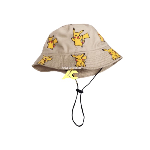 Topi Bucket Anak Laki Laki Perempuan Karakter Pikachu Sablon Tali Motif Hewan Umur 3 4 5 6 7 8 Tahun Thn