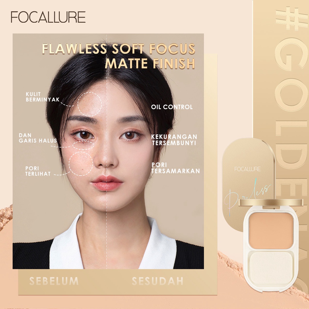 FOCALLURE #GoldenAge Lasting Poreless Bedak Padat Compact Powder Waterproof Matte Pressed Powder- Up to 12 Hours