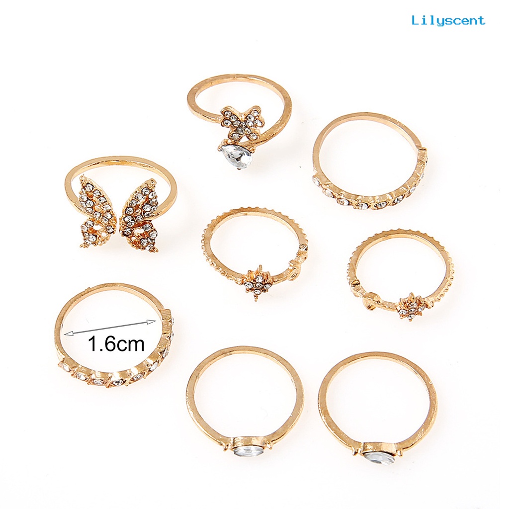 8pcs Cincin Knuckle Desain Kupu-Kupu Bunga Aksen Berlian Imitasi Untuk Wanita Element