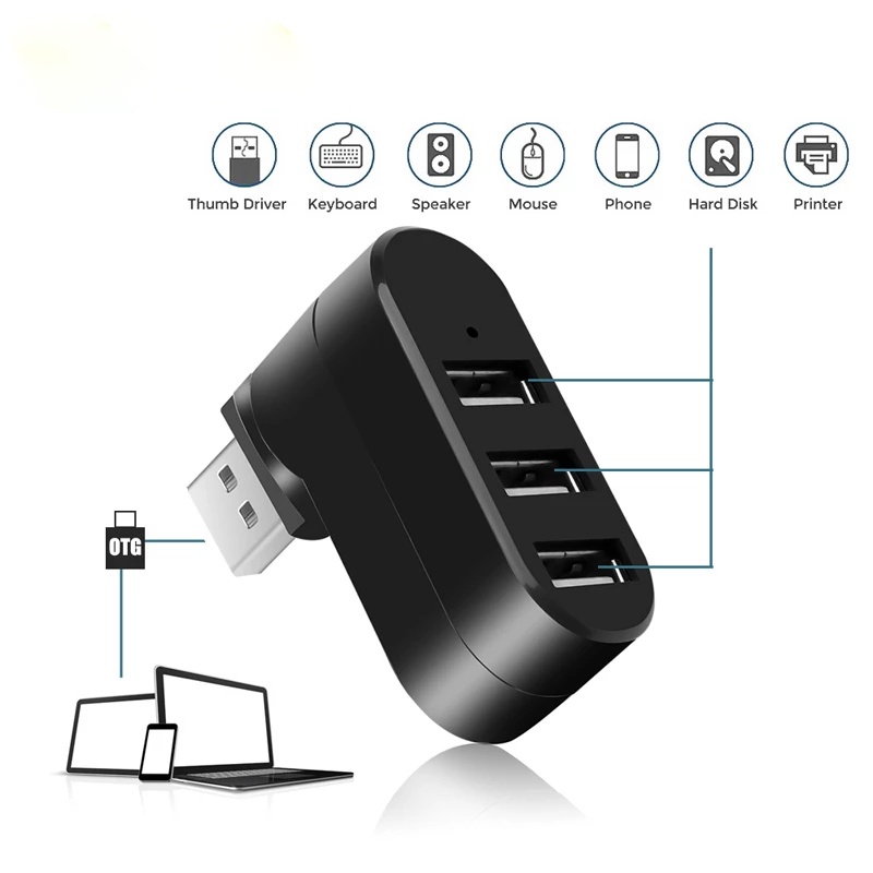 3 In 1 Usb 2.0 Port Hub / Splitter Mini Portabel Dapat Diputar 180 Derajat