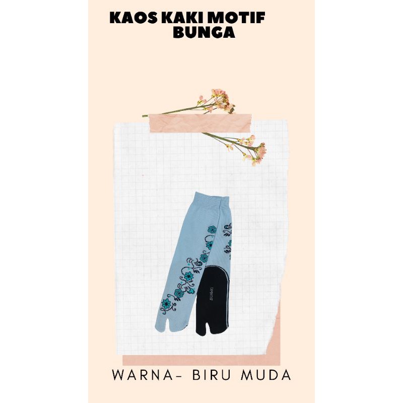 KAOS KAKI JEMPOL NYLON MOTIF BUNGA MUSLIMAH DEWASA TAPAK HITAM-Bunga Biru muda