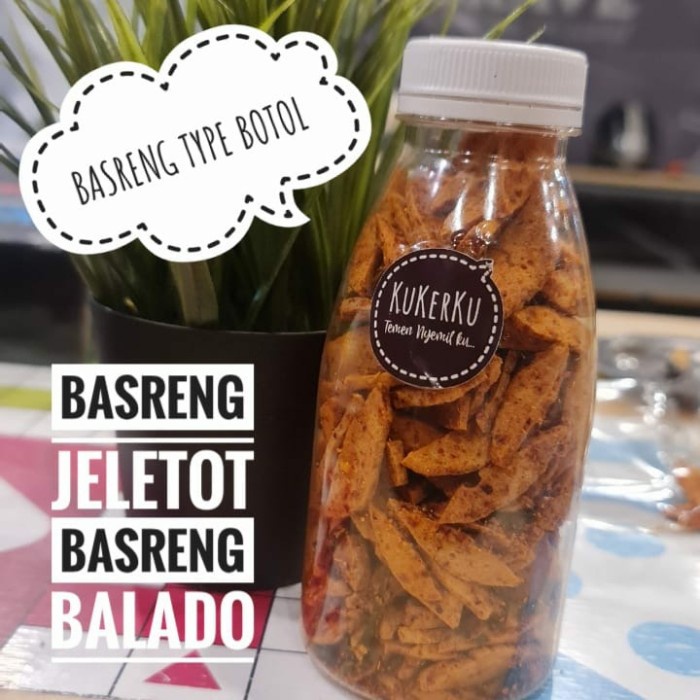 

( KUE LEBARAN ) CEMILAN KUE KERING BASRENG BALADO / BASRENG JELETOT TYPE BOTOL -+1.555gr TERLARIS DARI KUKERKU