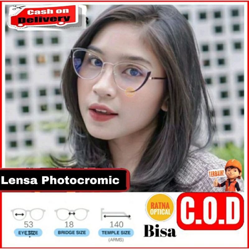 Kacamata Wanita cat Eye Trendy RO95721 gratis lensa Antiradiasi photocromic Minus.