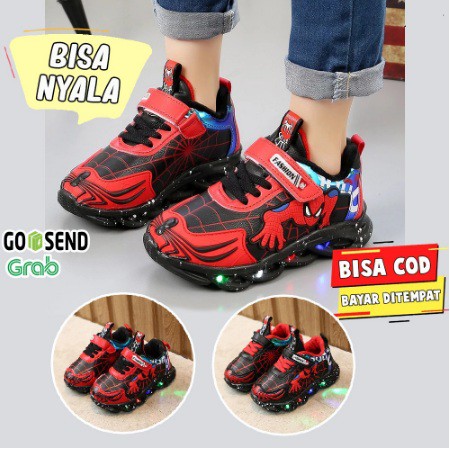 Dijamin Baru Sepatu anak SPIDERMAN NEW led gliteran manik manik kedap kedip  TERMURAH