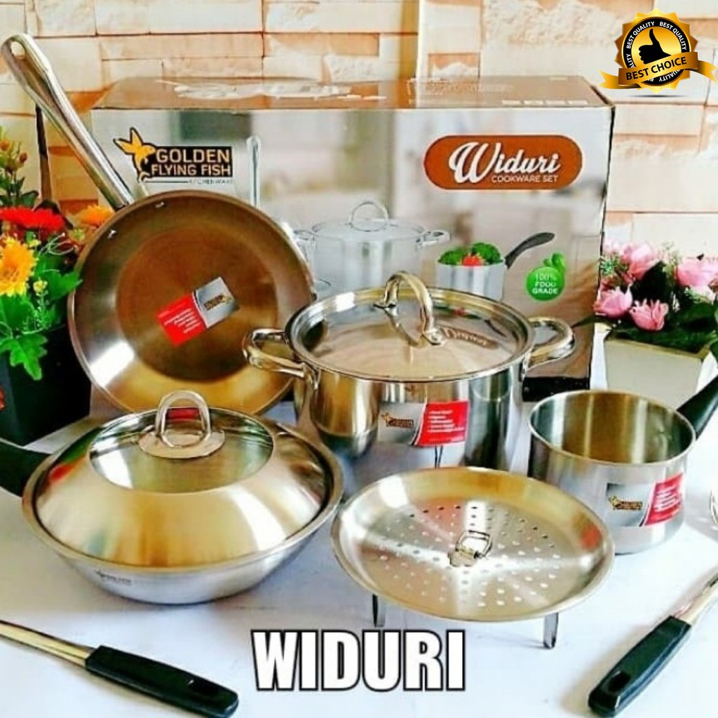 (BISA COD) PROMO Panci Set Golden Flying Fish Cookware Set Widuri 9pcs STAINLESS STEEL Premium