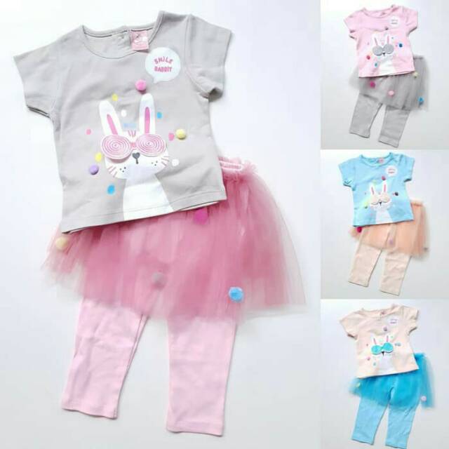 Baju Setelan Anak Bayi Cewek Perempuan Kaos Kelinci Legging Tutu Tile