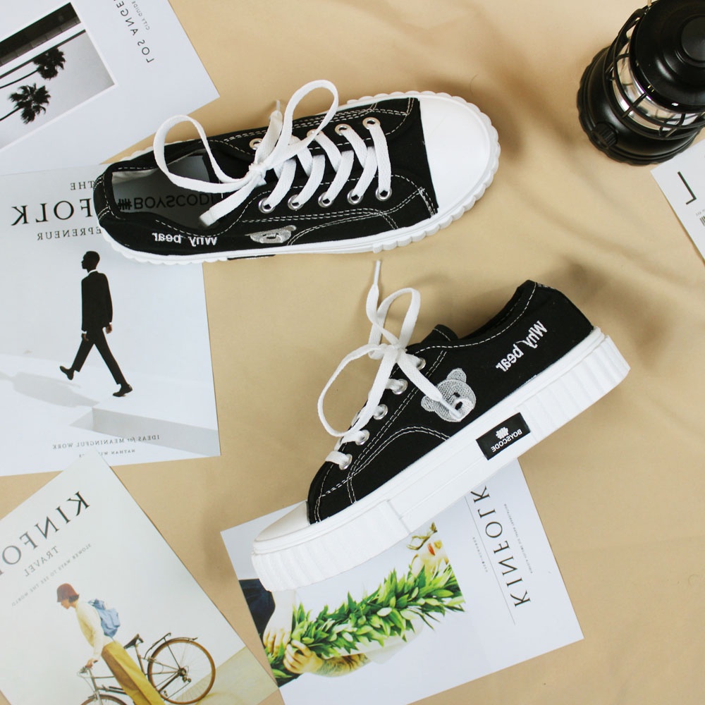 Sepatu Sneakers Korean Style Boyscode Why Bear Pendek Hitam Abu / Sepatu Korea Kanvas Beruang Black Grey