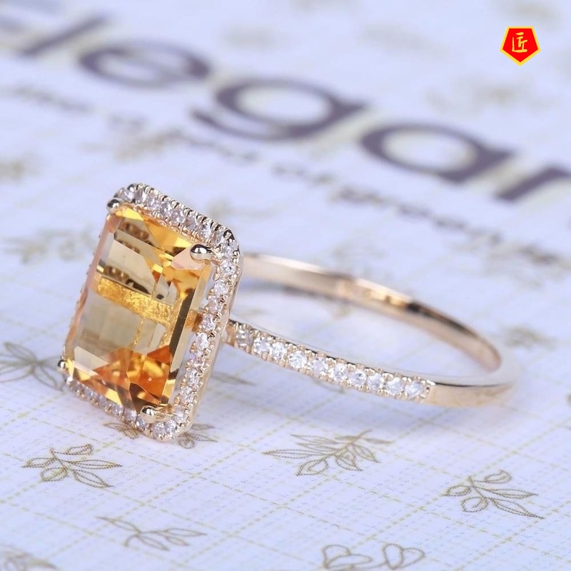 [Ready Stock]Fashion Champagne Square Diamond Ring Micro-Inlaid Yellow Gem