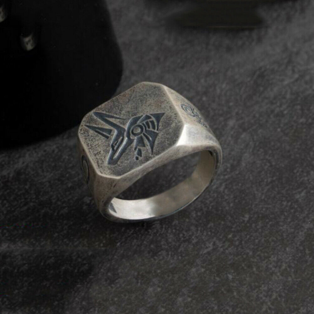 Cincin Baja Titanium Retro Perak Satwa Serigala Burung Rajawali Pria Mitologi Mesir Fashion Punk Horus Anubis Silver Rings