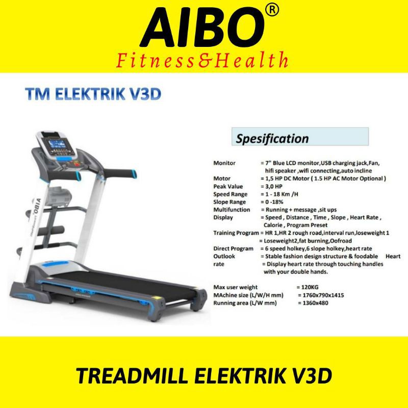 AIBO FITNESS & HEALTH BANJARMASIN - TREADMILL ELEKTRIK V3-D/ Alat Fitness / Treadmill Elektrik/ Berg