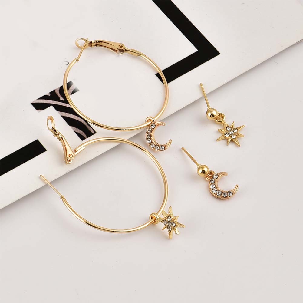 Hu Hu Hu Hu Hu Alat Bantu Pasang Kacamata♡ 4pcs / Set Anting Stud Bentuk Bulan Bintang Aksen Berlian Imitasi Untuk Wanita