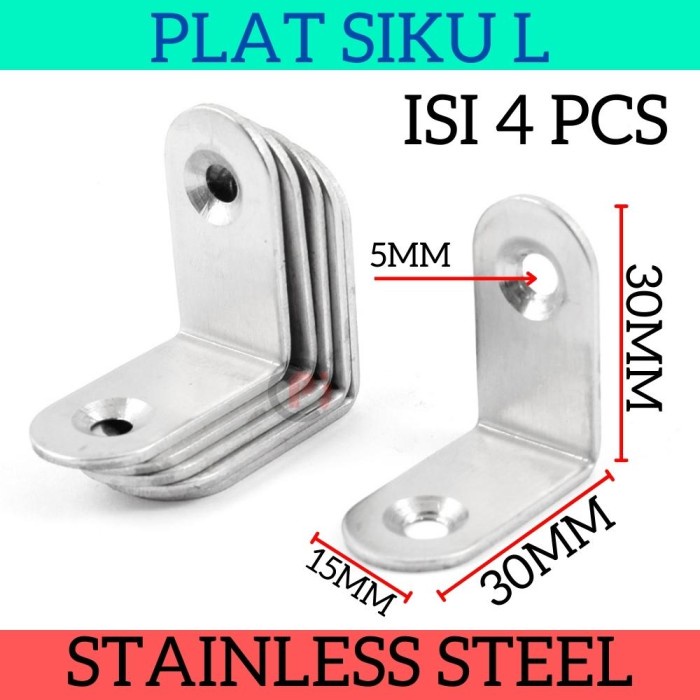 Isi 4 Pcs Plat Siku L Bahan Stainless Steel Ukuran 30 x 30 x 15 mm