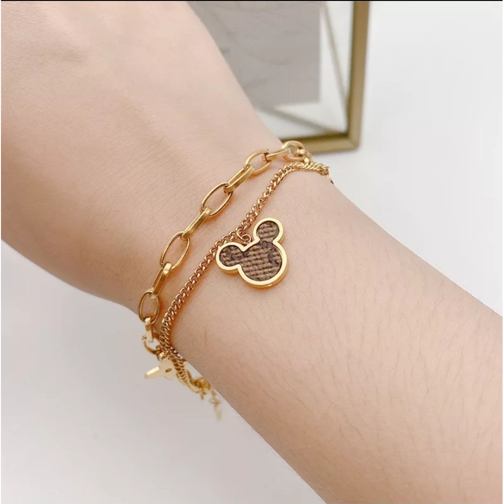 Gelang Titanium Rantai 2 Leyer Mickey L* Kulit Sintetis Warna Rose Gold, Gold dan Silver