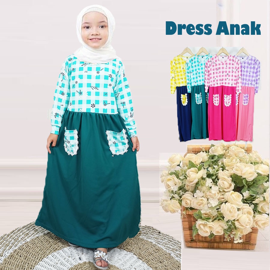 DRESS ANAK BUNGA KOTAK RENDA KANTONG DEPAN usia 2-13tahun GAMIS MURAH CARLINA