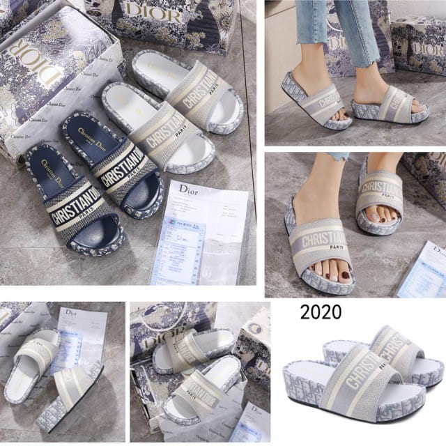 Christian DIOR Oblique Embroidered D-Way Platform Slide #2020 # HR SANDAL MURAH SLIP SANDAL