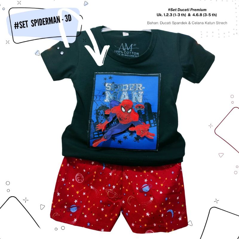 Setelan 3D anak laki-laki &quot;Spiderman 3D &quot; Size 1-5th bahan Ducati Katun Spandek Premium