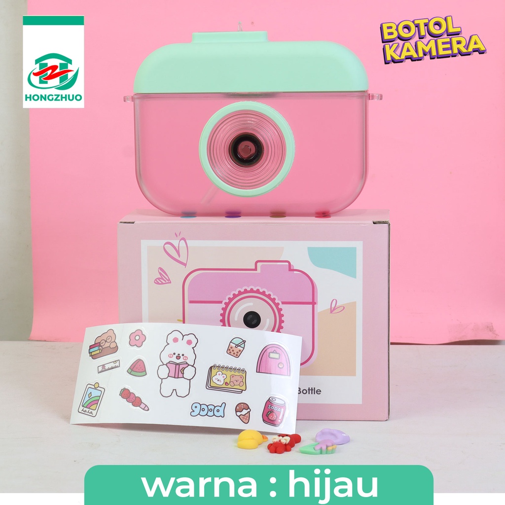 Hongzhuo Camera Bottle / Botol Kamera Unik / Botol Minum Anak Free Sticker Karakter 400ml BPA FREE-Hijau