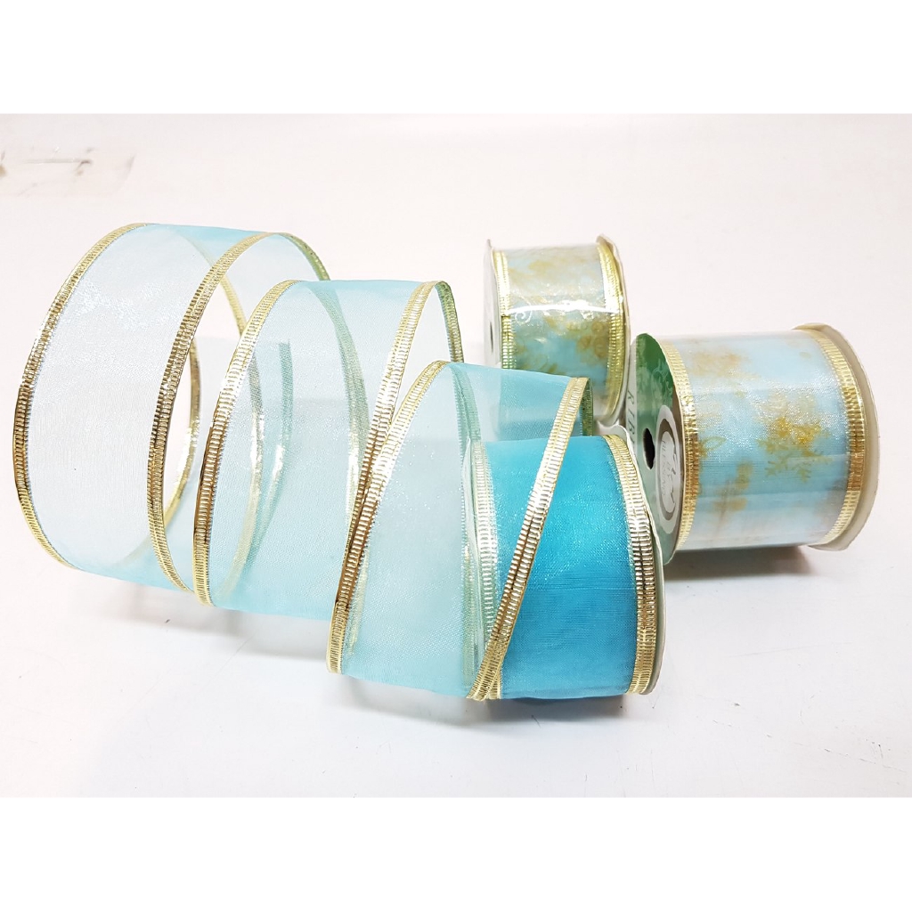 Pita Hias Dekorasi Biru Muda Kawat Transparant Natal 4 Cm Hampers 2.7m Parcel Kado