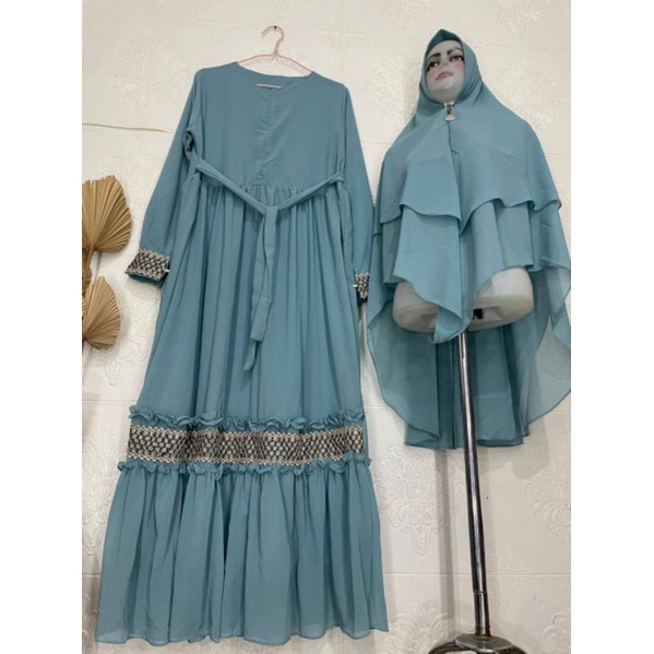 Gamis Syari Ceruty Mix Renda Depan dan Tangan | Gamis Syari Busui | Gamis Set Khimar Terbaru-Wardah