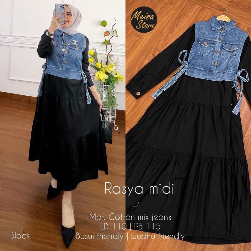 Rasya Midi Dress wd Midi Dress + Rompi Bahan Katun Mix Jeans OOTD Midi Dress Muslim Wanita Baju Musl